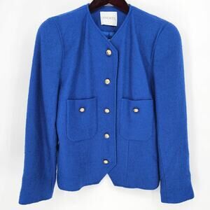 Doncaster Cobalt Blue Gold Button Collarless Career Office Retro Blazer Jacket 8